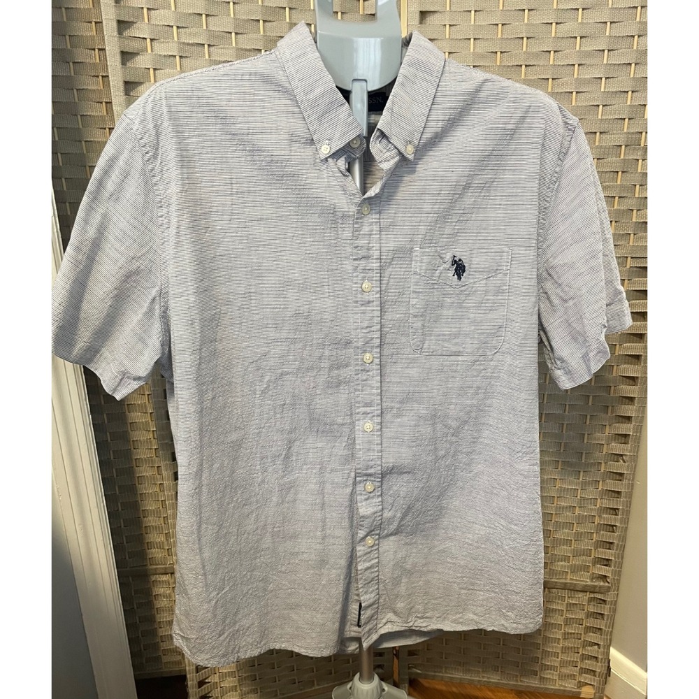 US Polo Assn Mens XL Blue White Striped Short Sleeve Button Down Shirt